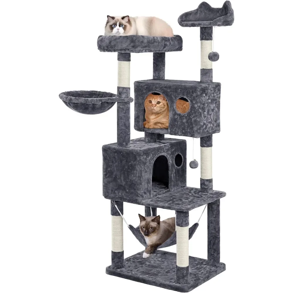 

64.5in Extra Large Multi-Level Cat Tree Kittens Play House Condo with Platform, Perch Hammock & Scratching Posts, Dark Gray