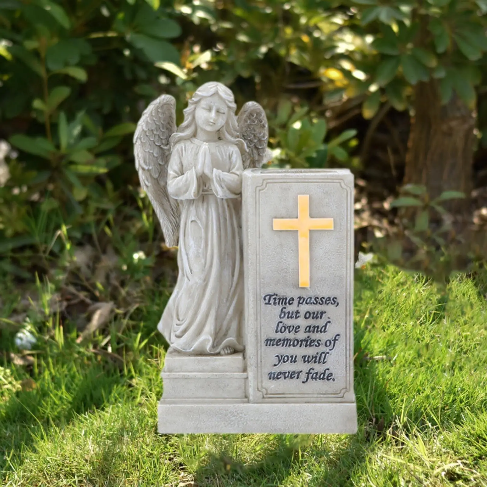 Resin Angel Wing Memorial Vase with Scripture Cross Design Drainage Hole Grave Flower Pot for Cemetery Decor
