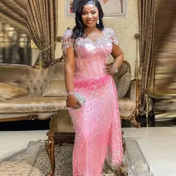 Aso Ebi Mermaid Prom Dresses With Sheer Neck Illusion Long Sleeves Beads Crystals Side Train Plus Size Evening Dress Party Gowns