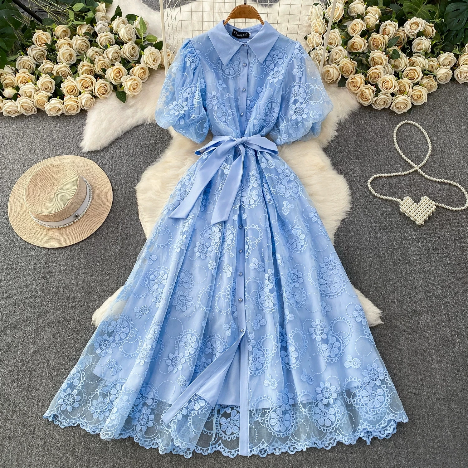 

French Floral Embroidery Lace Prom Maxi Dress Women's Lapel Collar Puff Sleeve Single Breasted Belt Holiday Beach Party Vestidos