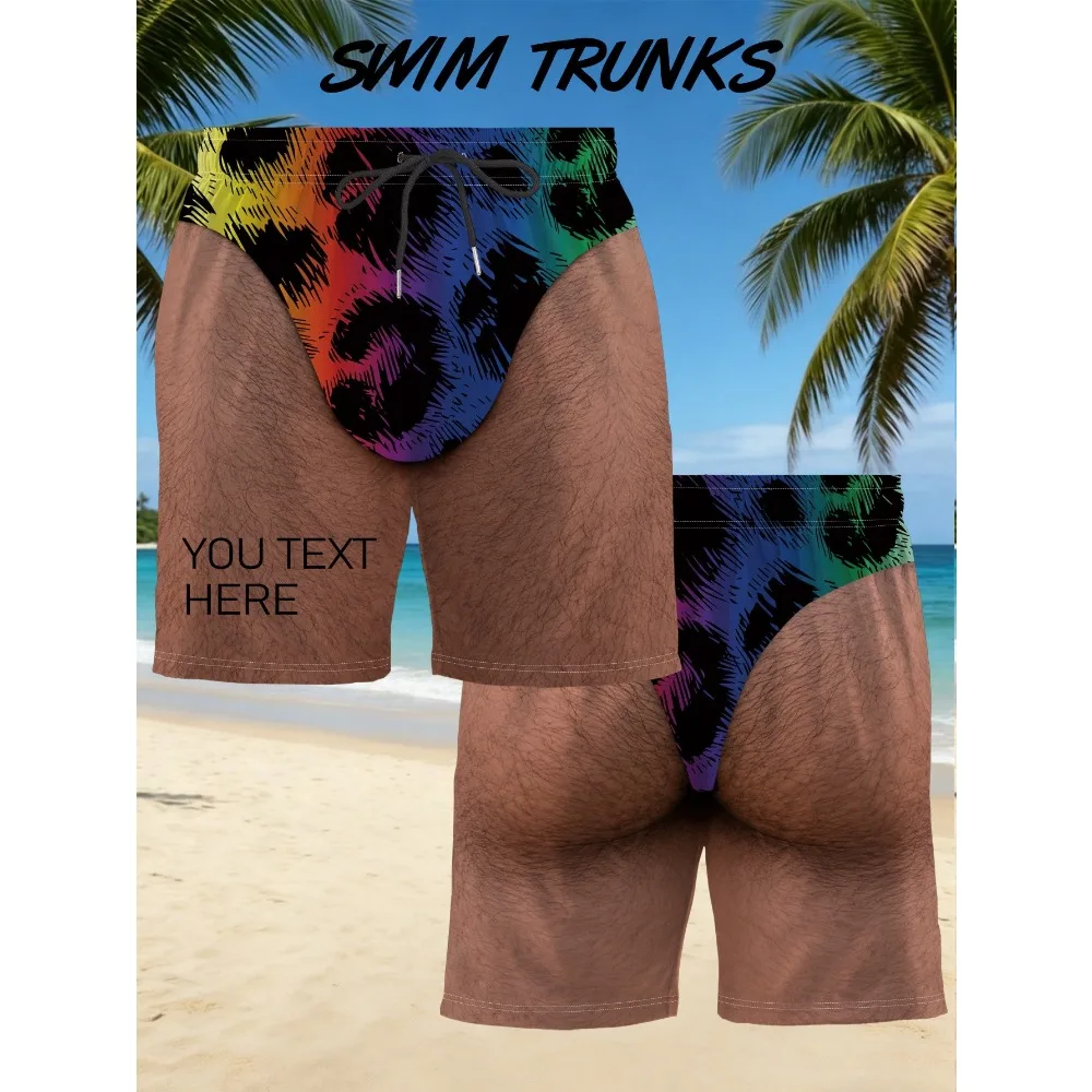 Men Funny Fake Thong Visual Print Beach Shorts Rainbow Gradient Leopard Pattern Novelty Prank Swim Trunks