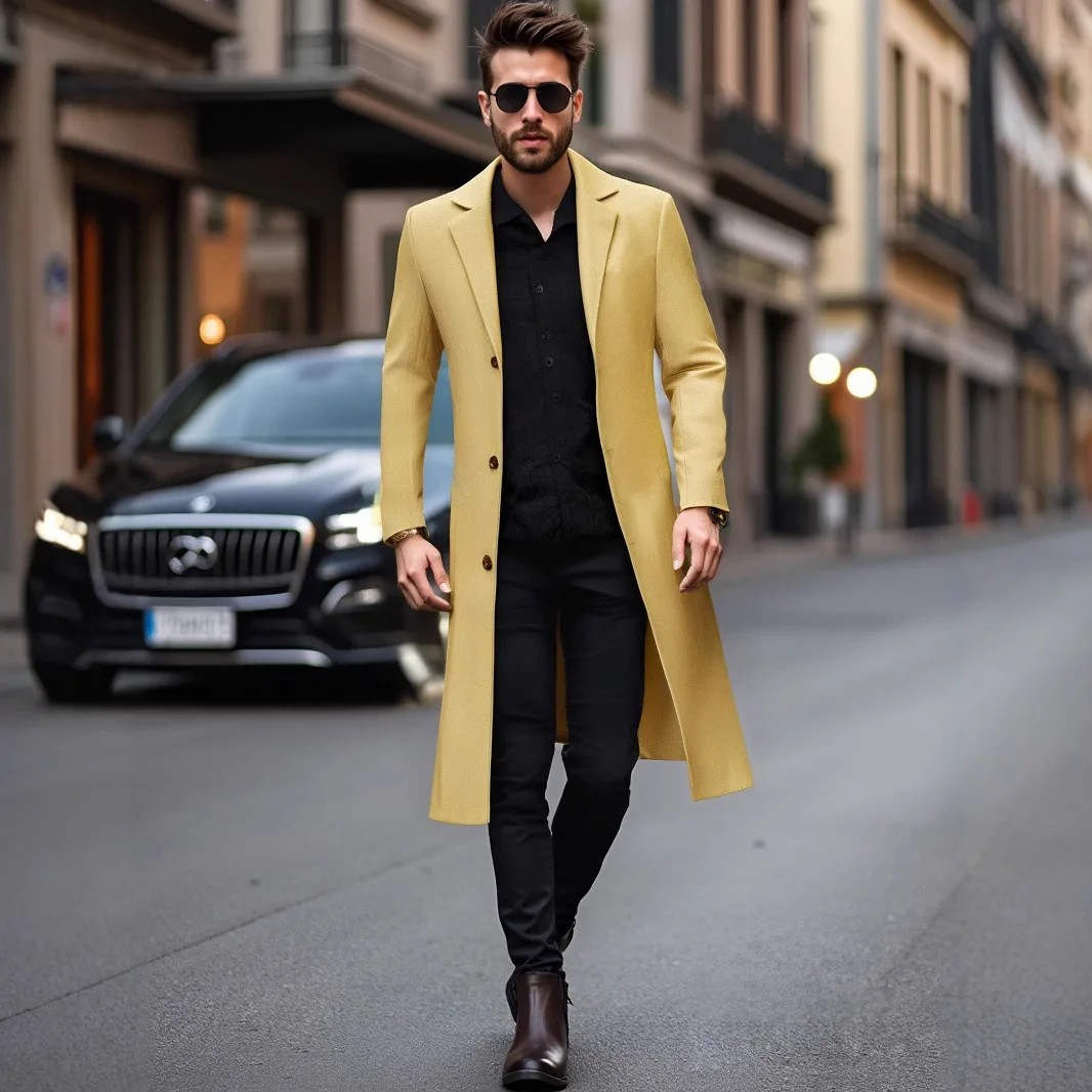 

Men's Slim Fit Spring And Autumn New Extended Knee Woolen Trench Coat Casual Sports Classic Elegant Solid Color Outside