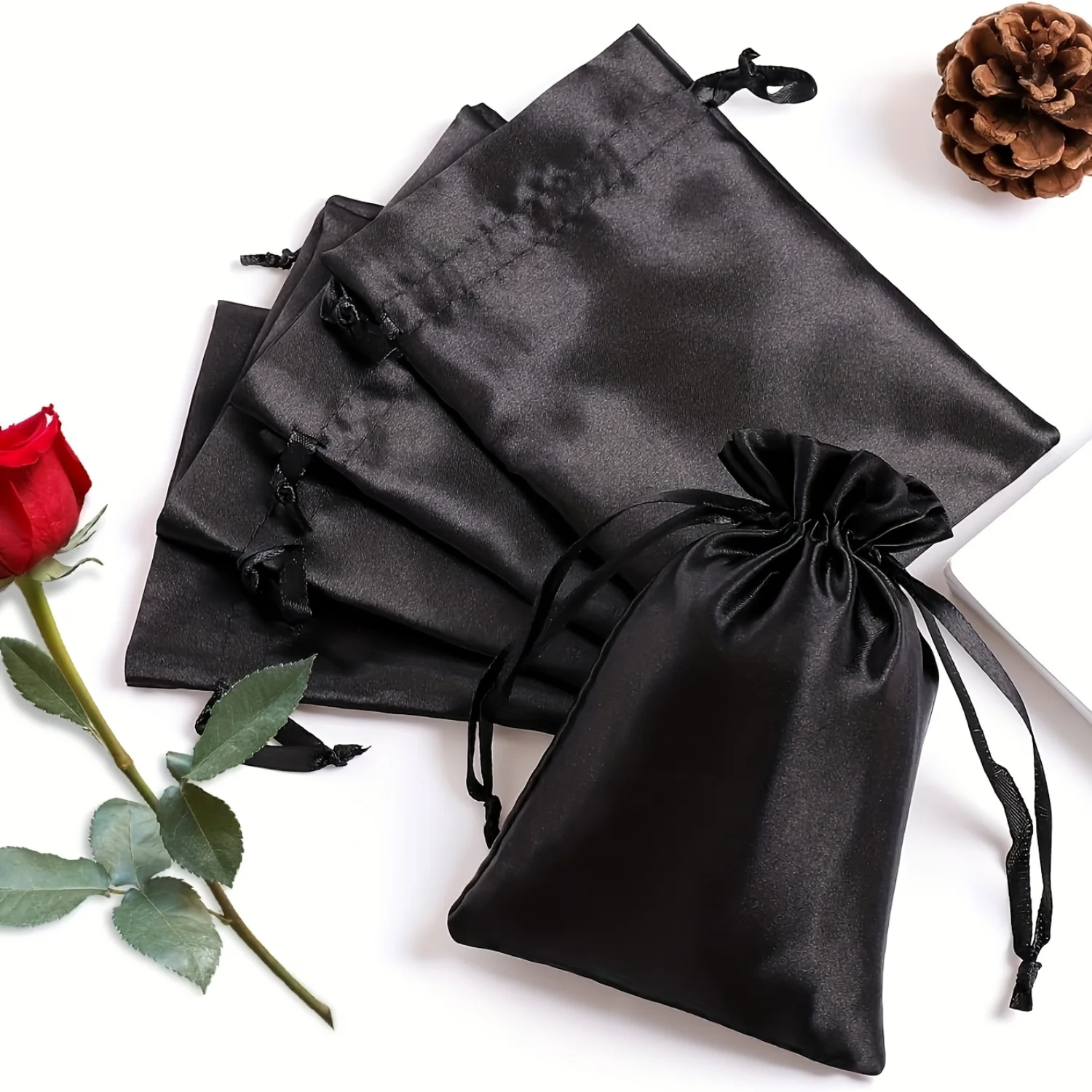 

50pcs, Luxurious Black Satin Drawstring Gift Bags - Perfect for Jewelry, Party Favors, and Small Gifts - Reusable, Soft, and Dur