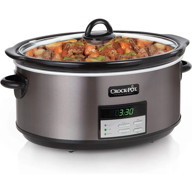 Crock-Pot Large 8 Quart Programmable Slow Cooker with Auto Warm Setting and Cookbook, Black Stainless Steel (Pack of 1)