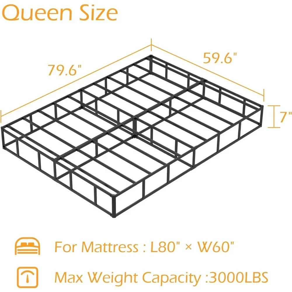 Box Spring for Queen Bed 7 Inch Metal Bed Frame Full Size Noise Free Easy Assembly Mattress Foundation Black Platform Storage