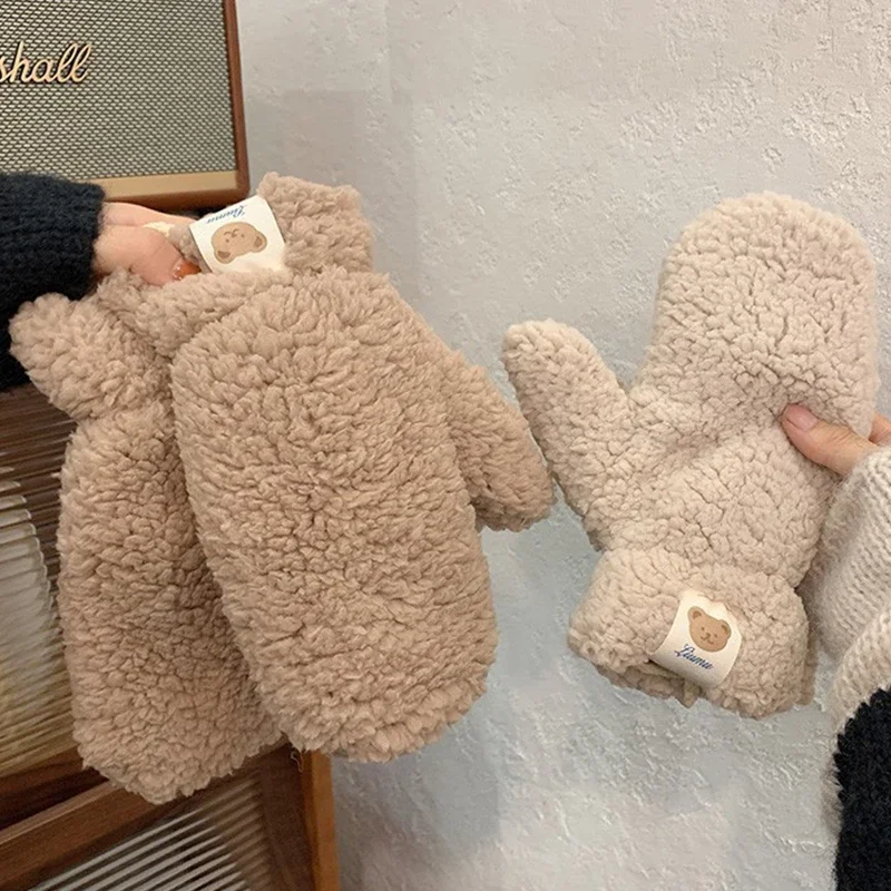 Kawaii Plush Warm Gloves Soft Winter Thick Fingerless Korean Japanese Bear Gloves With Ropes Casual Outdoor Riding Mittens Warm