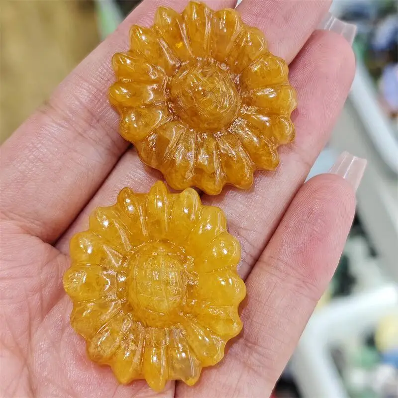 2 قطعة النار الأصفر الطبيعي الكوارتز الهيماتويد ليتل ديزي عباد الشمس نحت شفاء فنغشوي الريكي ديكور المنزل هدية عيد #1