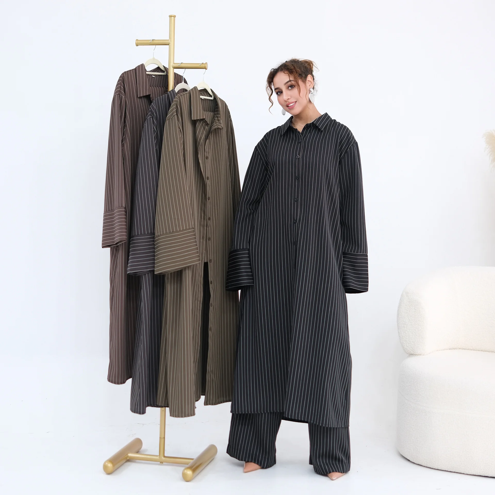 

Casual Oversized Striped Suit 2Pcs Muslim Sets for Women Dubai Long Shirt Dress Pants Femme Musulmane Islam Clothing Ensembles