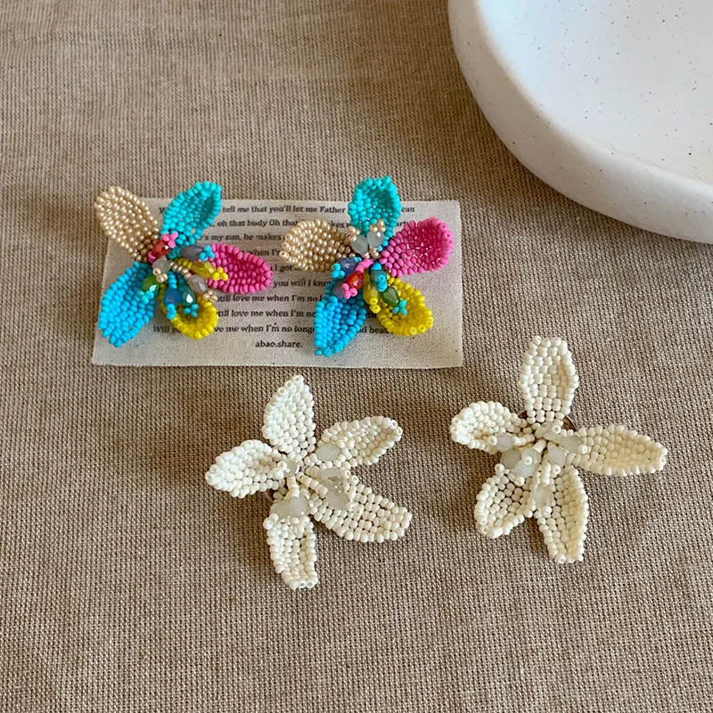 Minar Exaggerated Multicolor Miyuki Glass Beads Strand Flower Drop Earrings for Women Handmade Statement Holiday Beach Jewelry