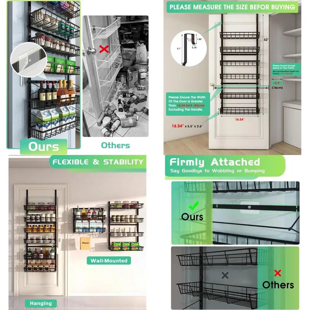 

6-Tier Adjustable Hanging Pantry Organizer with Metal Wall Spice Rack for Kitchen Storage and Home Efficiency