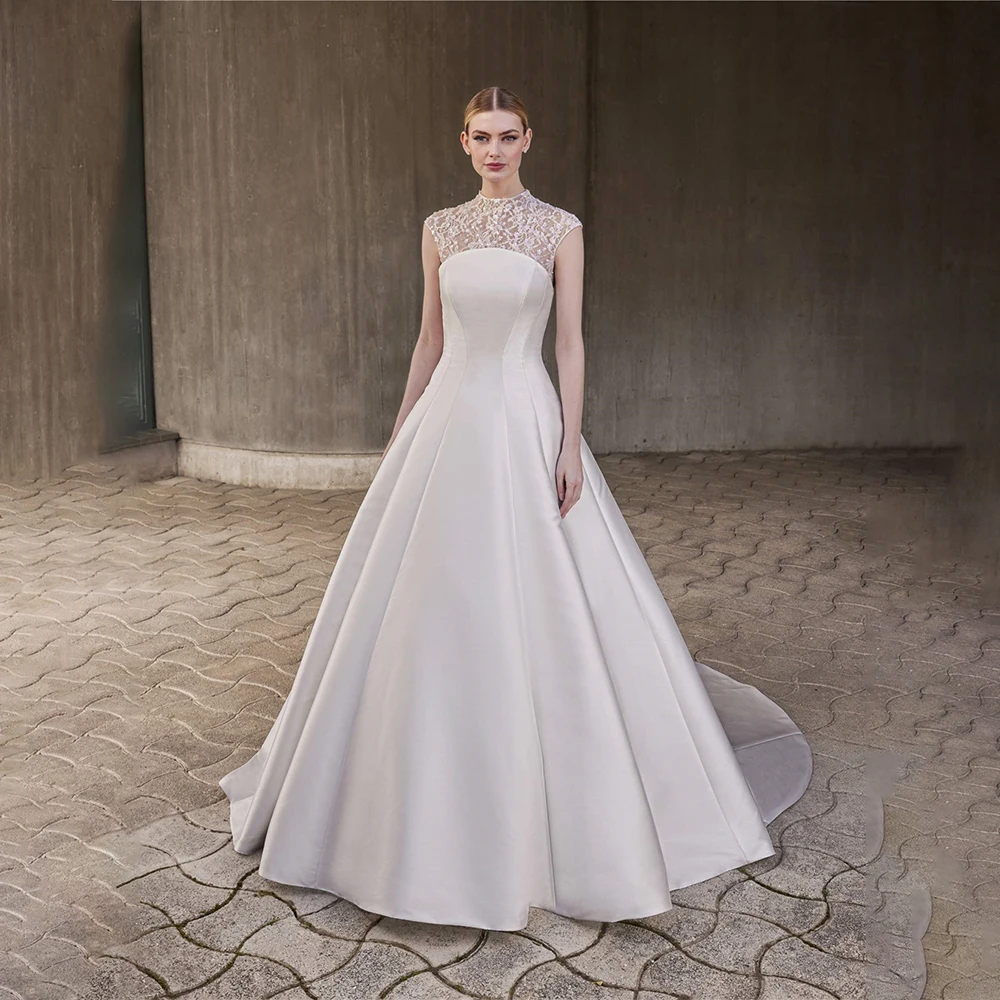 Robe de mariée élégante en dentelle, sans manches, col rond, ligne a plissée, robe de mariée formelle pour femmes, personnalisée, 2025