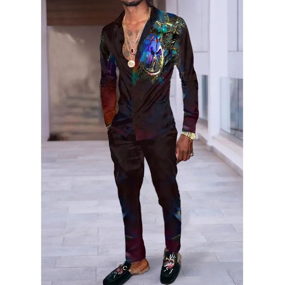

Colorful Block Splicing 3D Print Men Harajuku Clothing Suits Tracksuit Long Sleeve Shirt Long Pants Two Piece Sets Clothing