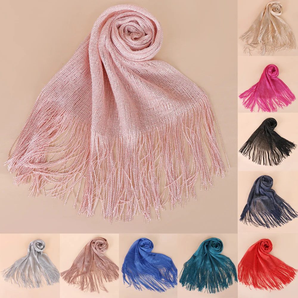 Sexy Gold Silver Thread Thin Long Shiny Sunscreen Shade Shawls Female Hollow Fringed Tassel Party Evening Dress Cloak Scarf Wrap