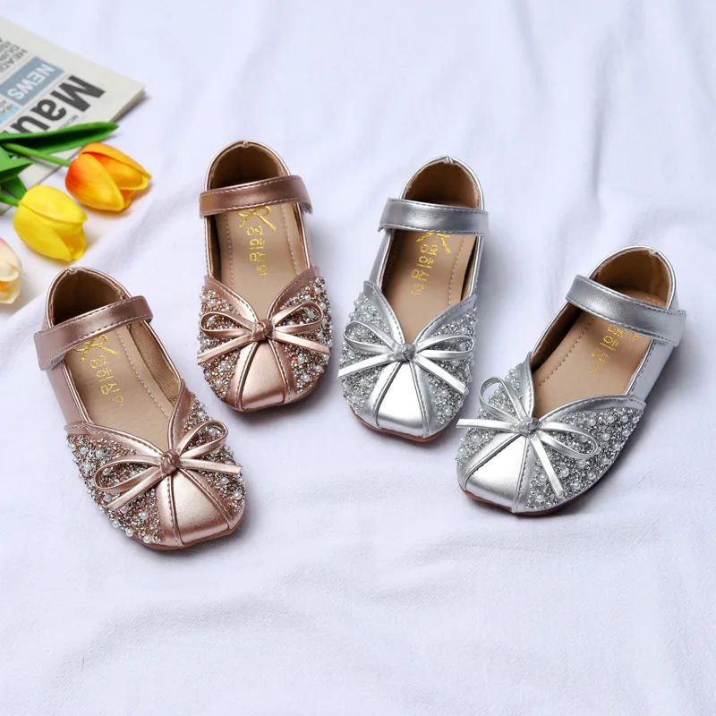 

Girls' Sparkling Rhinestone Shoes 2024 Spring/summer New Children's Bowtie Flats for Party Wedding Show Sweet Princess Fashion