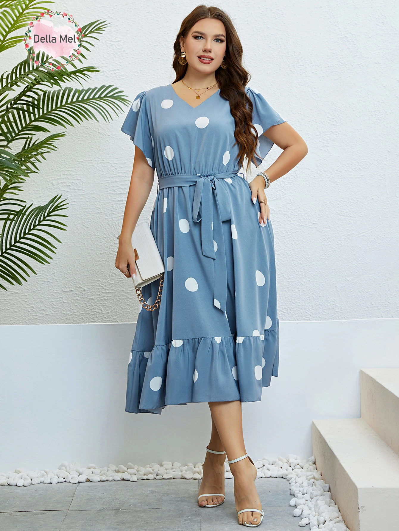 

Della Mel Plus Size Polka Dot Butterfly Sleeve Belted Dress Women Summer Casual Chic A-line Female Ruffle Hem Sweet Long Dresses