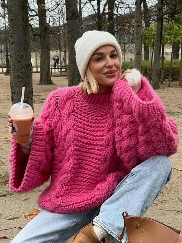 Oversize Twist Sweater Women Chic Turtleneck Long Lantern Sleeve Knitted Street Pullover Holiday Casual Lady Jumper Top Knitwear