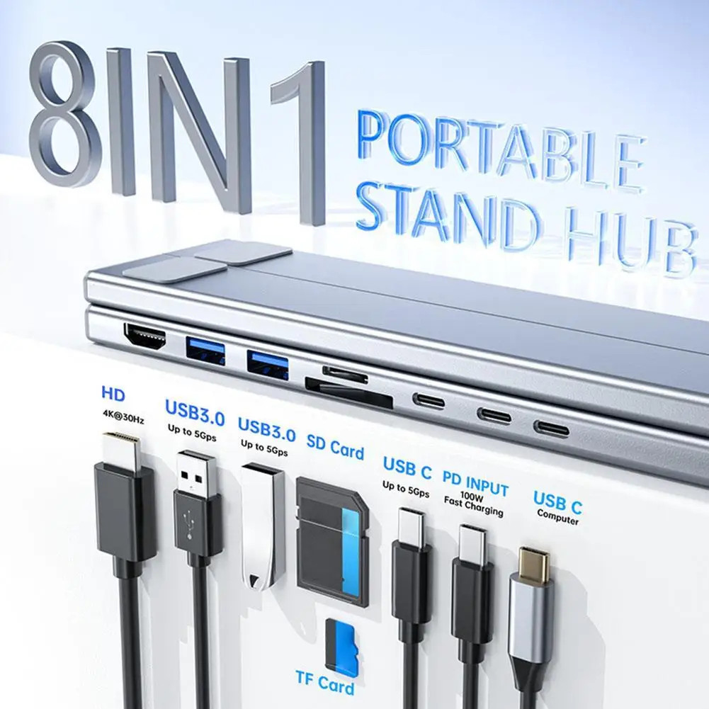 

8 в 1 USB C Док-станция для ноутбука Подставка USB C Док-станция для планшета Держатель для ноутбука с 4K HDMI 2 USB 3.1 PD 100 Вт Док-станция