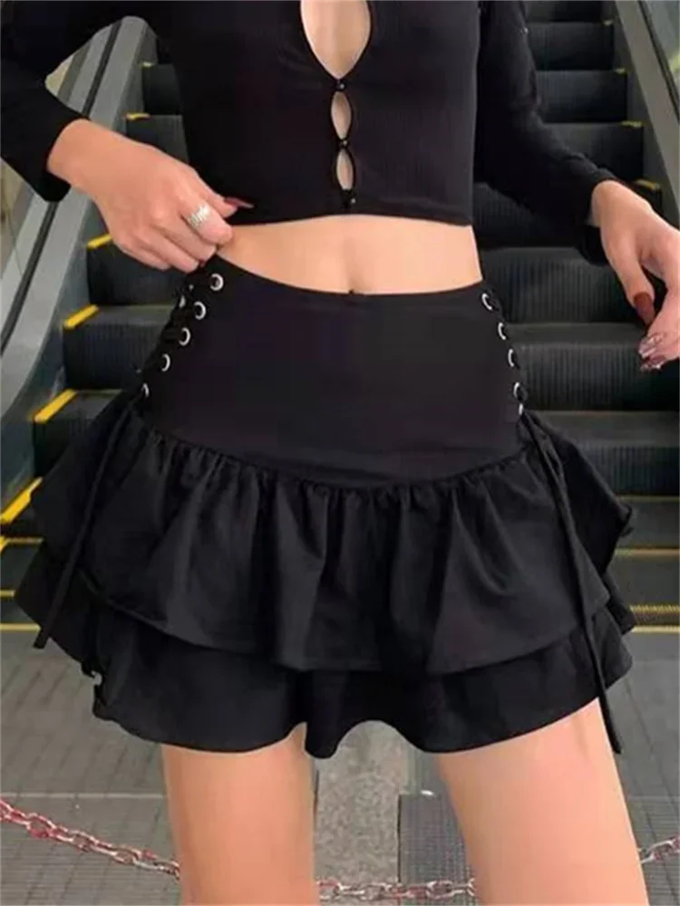 Y2K Aesthetic Ruffle Mini Skirt Women High Waist Criss Cross Tie Up A-Line Short Skirt Solid Color 90S Aesthetic E-Girl Skirts