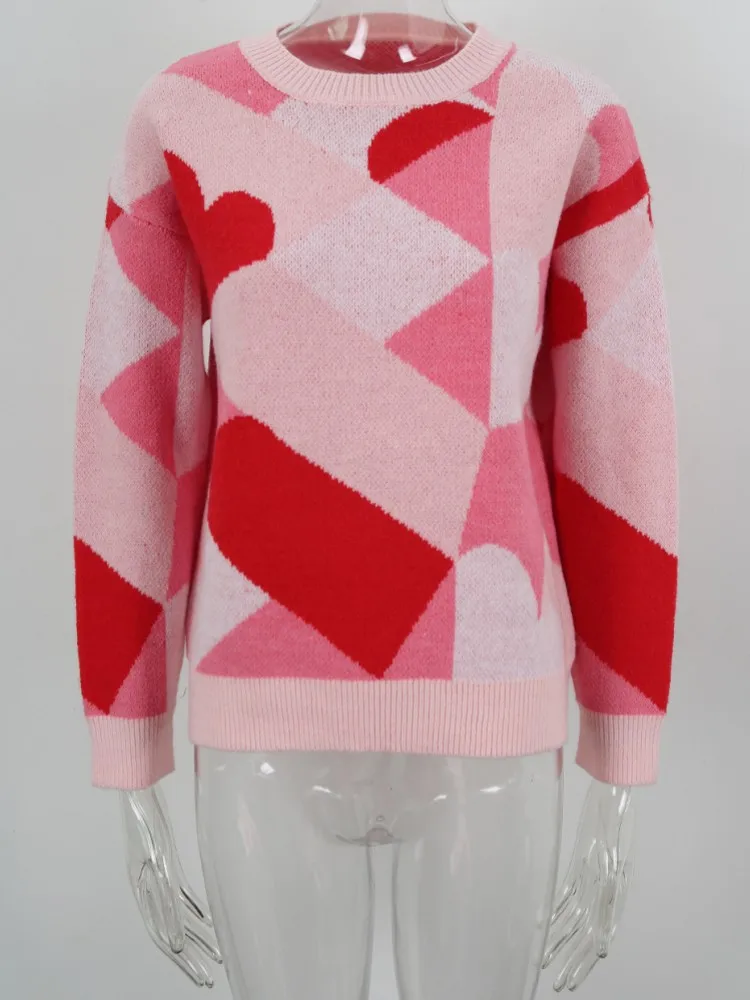 Herfst Vrouwen O-hals Ruches Trui Lange Mouw Gebreide Dieptepunt Valentijnsdag Afdrukken Truien Vrouwen Casual Trui Winter