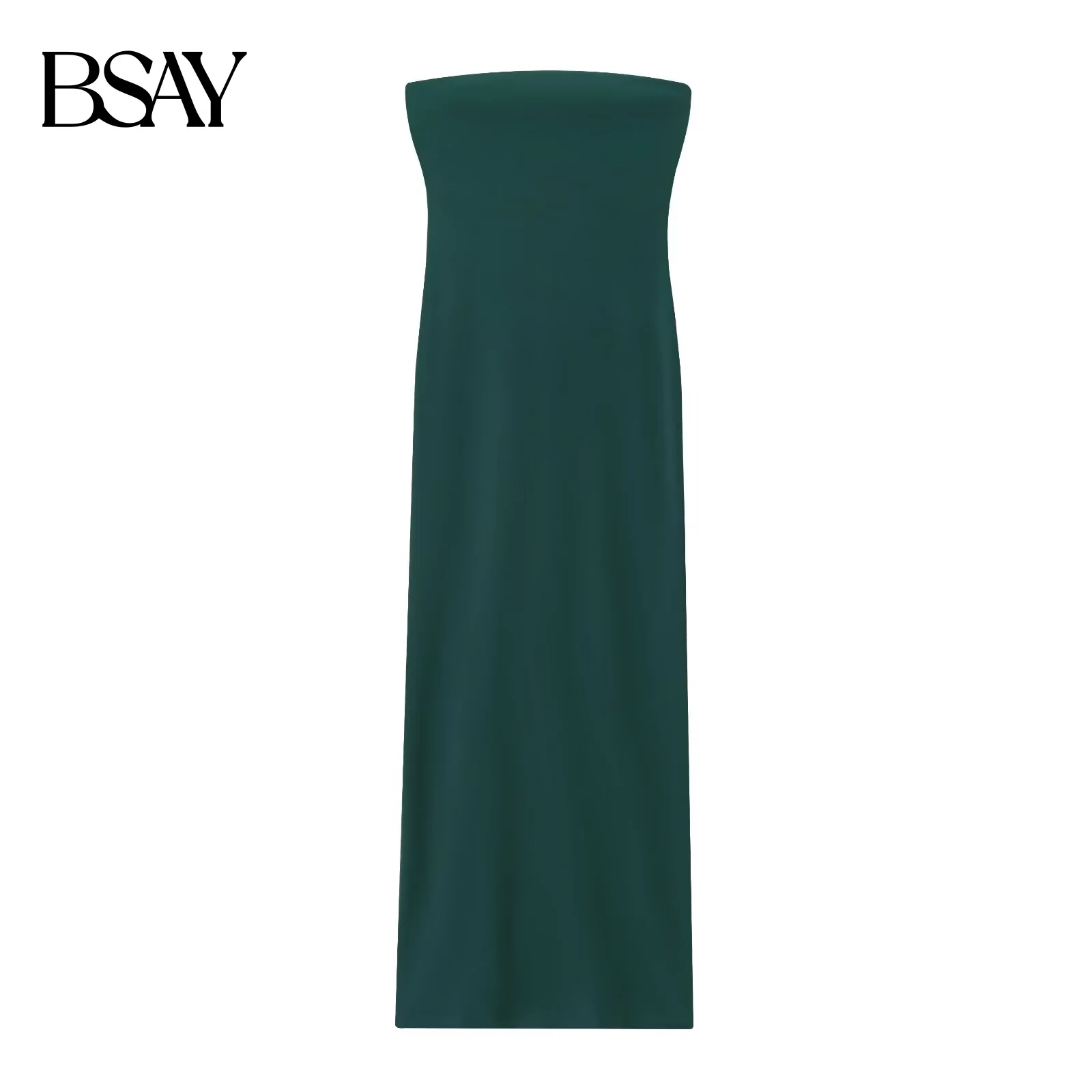 BSAY Damen-Kleid mit Saum und Schlitz, modisch, Herbst, neuer Artikel 2025, schmale Passform, gerader Schlauch, langes, trägerloses, offenes Schulterkleid