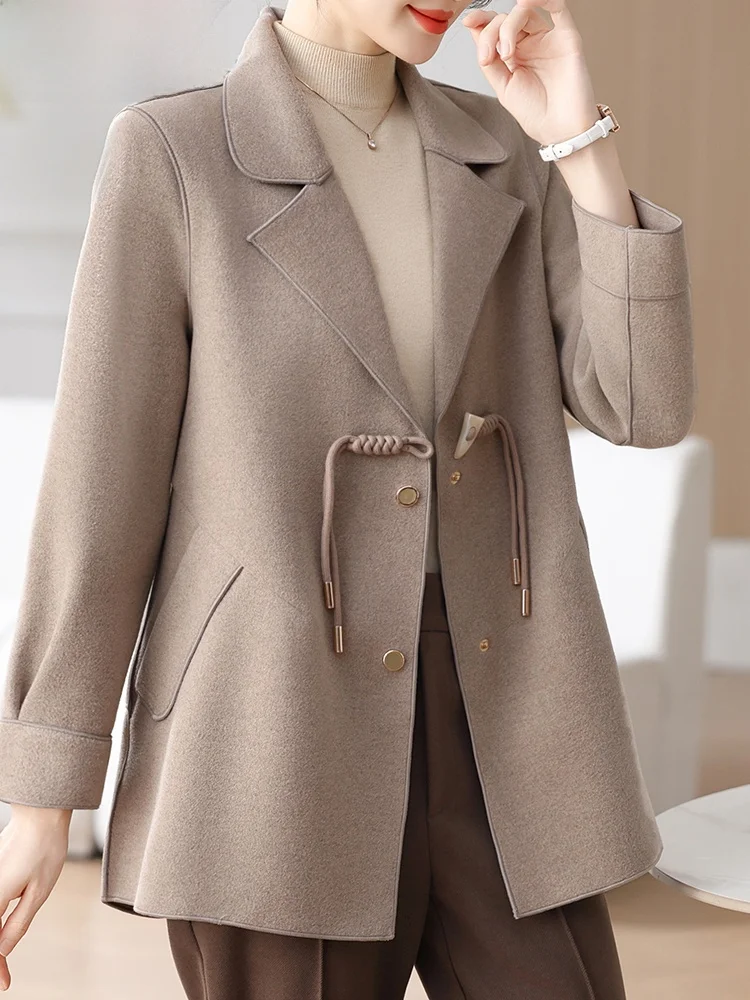 

Faionable Woolen Coat for Middle-Aged Women Spring Autumn Sli Korean Brand Loose Fit Cardigan Pure Color f Open Collar