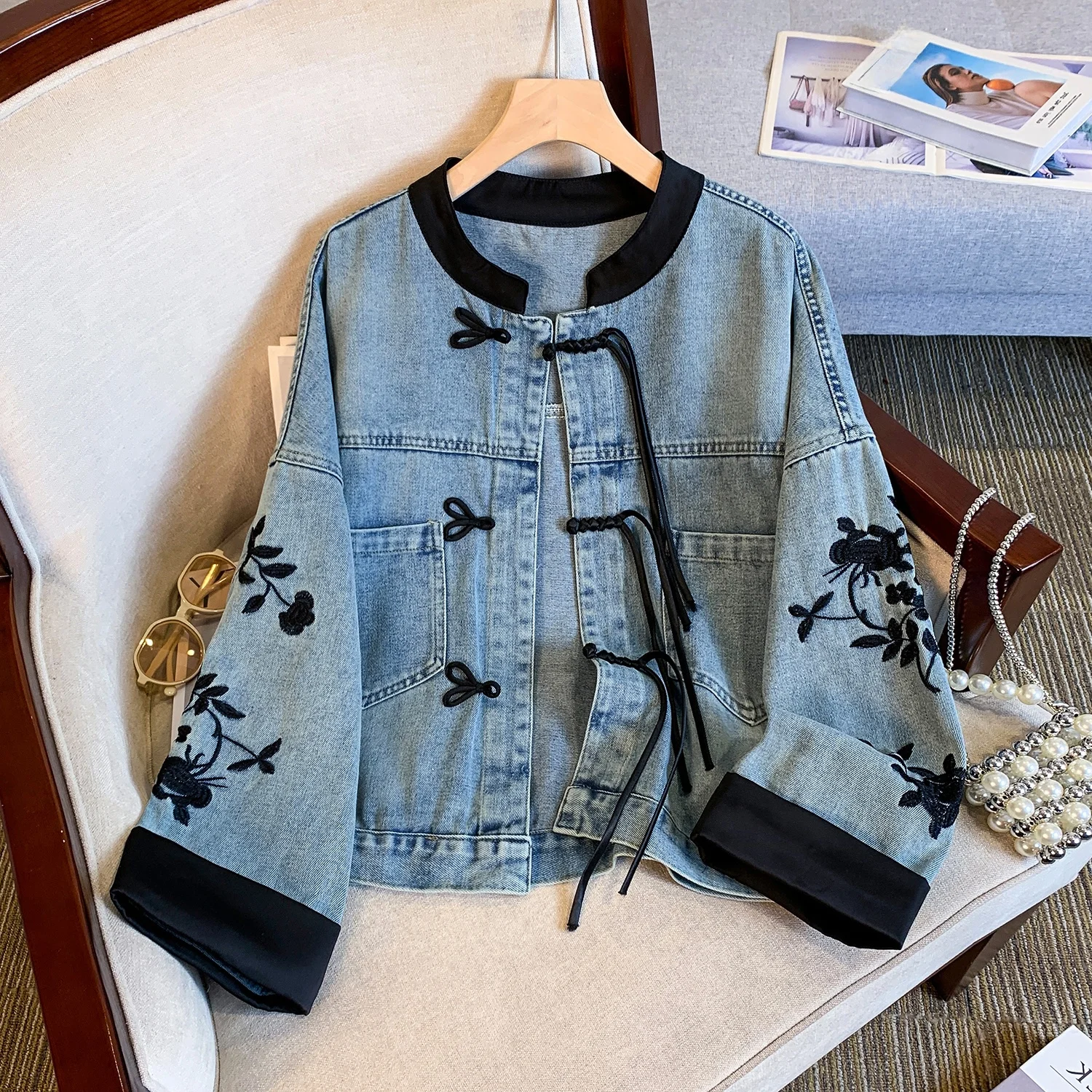 

Faionable ort Джинсовый тюнер с вышивкой, женский осенний сезонный воротник-стойка, универсальный вариант из смеси хлопка и полиэстера на пуговицах