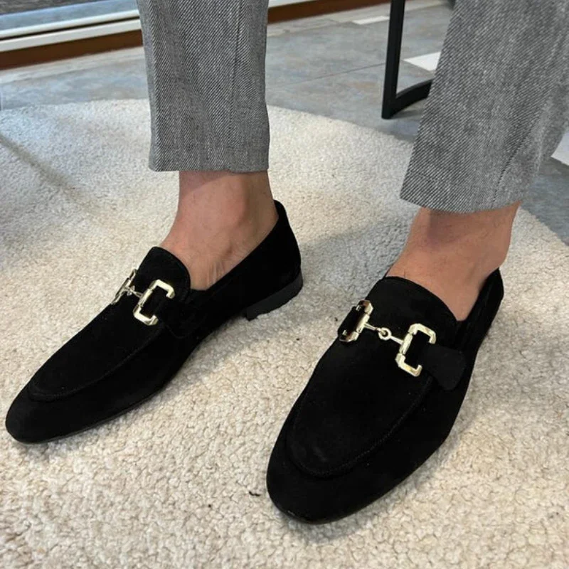 Men Loafers Solid Color Faux Suede Square Toe Low Heel Metal Buckle Fashion Business Casual Wedding Daily Dress Shoes