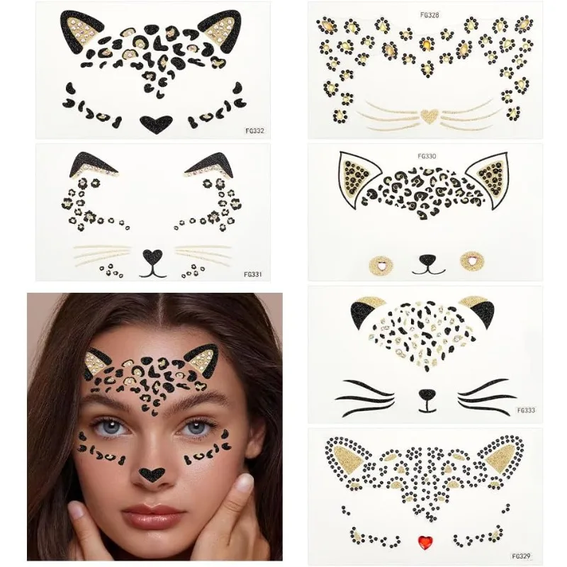 6 Sheets Crystal Cat Face Jewels 3.1x5.1 Inch Acrylic Rhinestone Stickers Temporary Leopard Tattoo Stickers Leopard Face