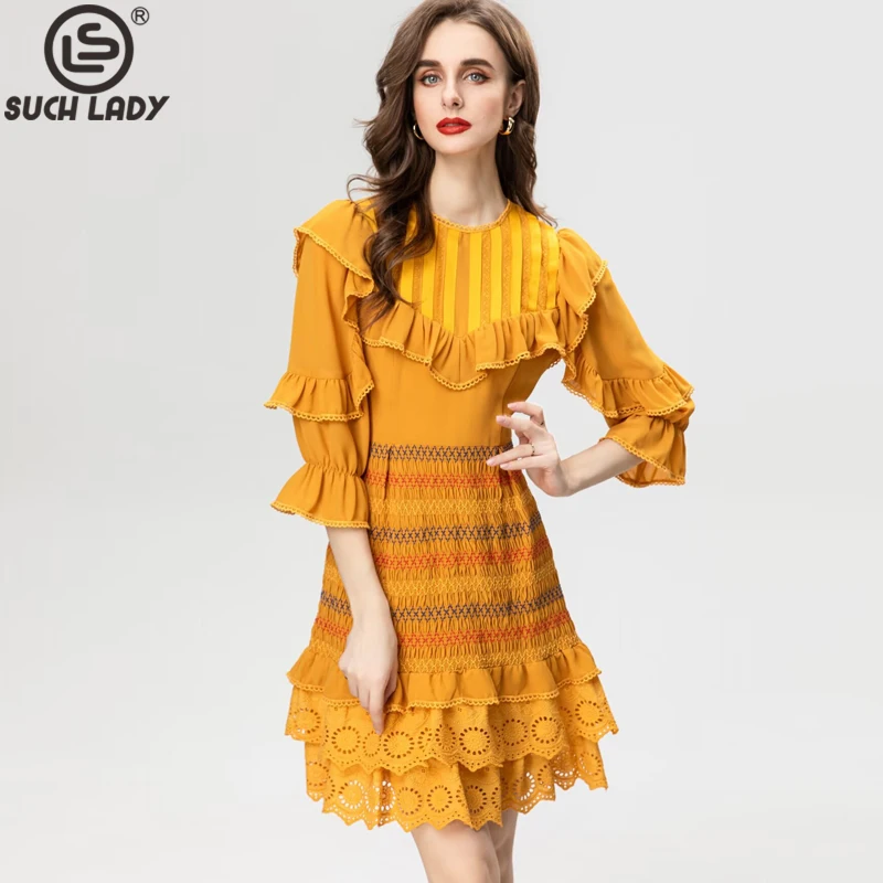 

Women's Runway Dresses O Neck 3/4 Sleeves Embroidery Tiered Ruffles Hollow Out Elegant Fashion High Street Vestidos