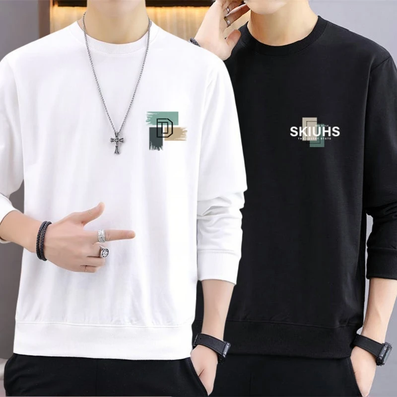 

Мужская свободная футболка с принтом в американском стиле, весенне-осенняя повседневная базовая футболка, молодежная, с круглым вырезом, длинный рукав