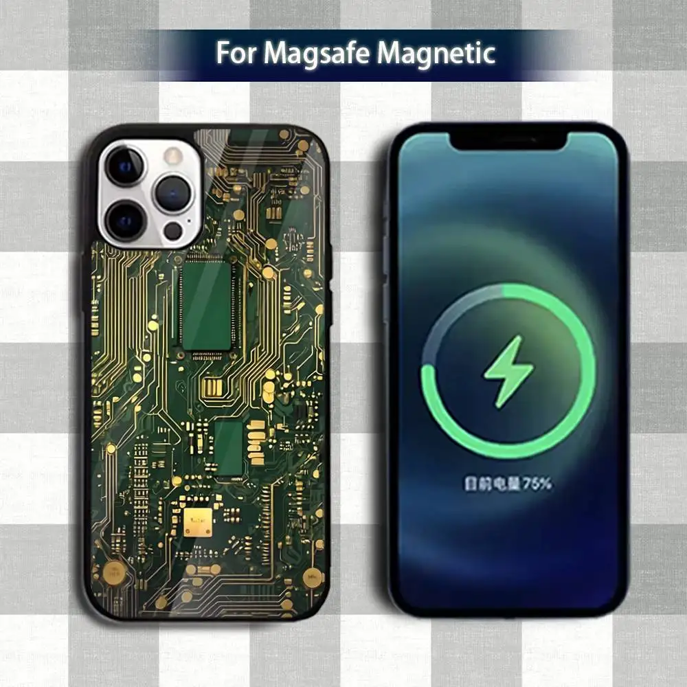 Custodia per telefono con scheda circuito C artistica stampata per iPhone 13,12,15,17,11,16,14,Pro,Max,Plus,Mini,Magsafe, custodia di ricarica wireless magnetica