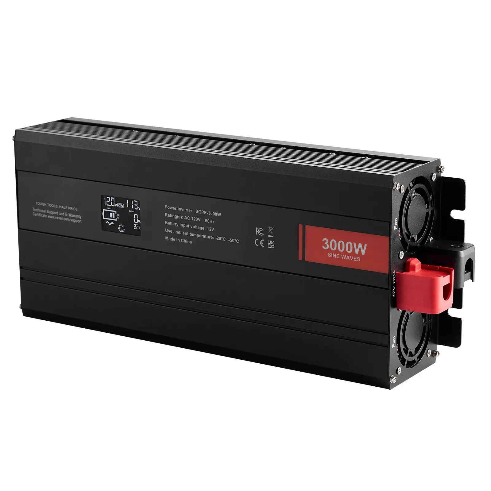 Pure Sine Wave Inverter, 3000 Watt, DC 12V to AC 120V Power Inverter with 2 AC Outlets 2 USB Port 1 Type-C Port, LCD Display and