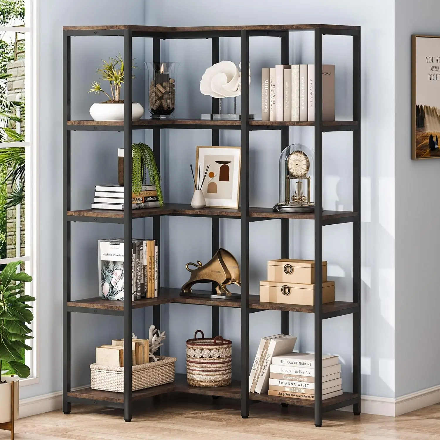 

5Shelf Corner Bookshelf, 67" Tall Industrial Corner Shelf Stand Etagere Bookcase, Large Book Shelf w/Metal Frame for Living Room