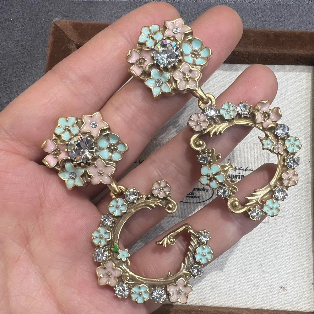 2025 New Floral Vintage Court Style S925 Silver Needle Hand-Painted Stud Earrings Fashionable Light Luxury Jewelry for Women