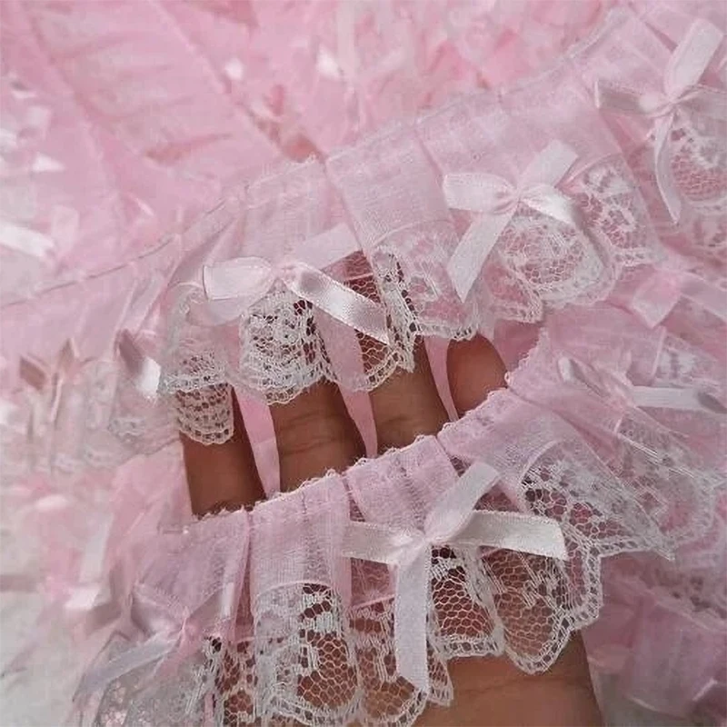 1 yarda de tela de encaje bordado con lazo ondulado y volantes rosas, ropa DIY, decoración de regalo para el hogar, suministros para manualidades de costura hechos a mano