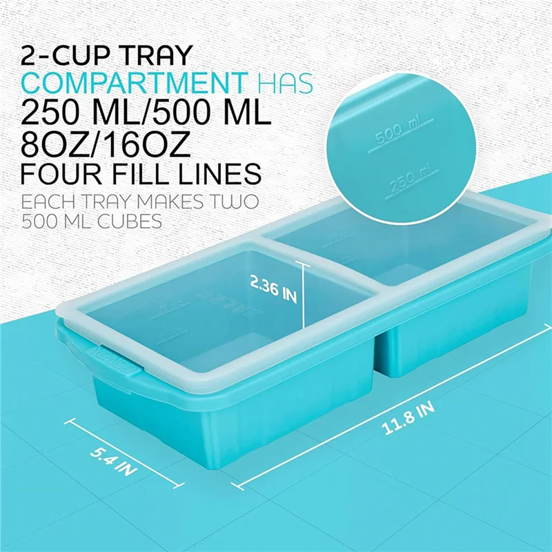 

A26F-2X Silicone Freezer Tray With Lid - 2-Cup Large Tray For Freezing Soup, Stews, Sauces - Oven & Dishwasher-Safe