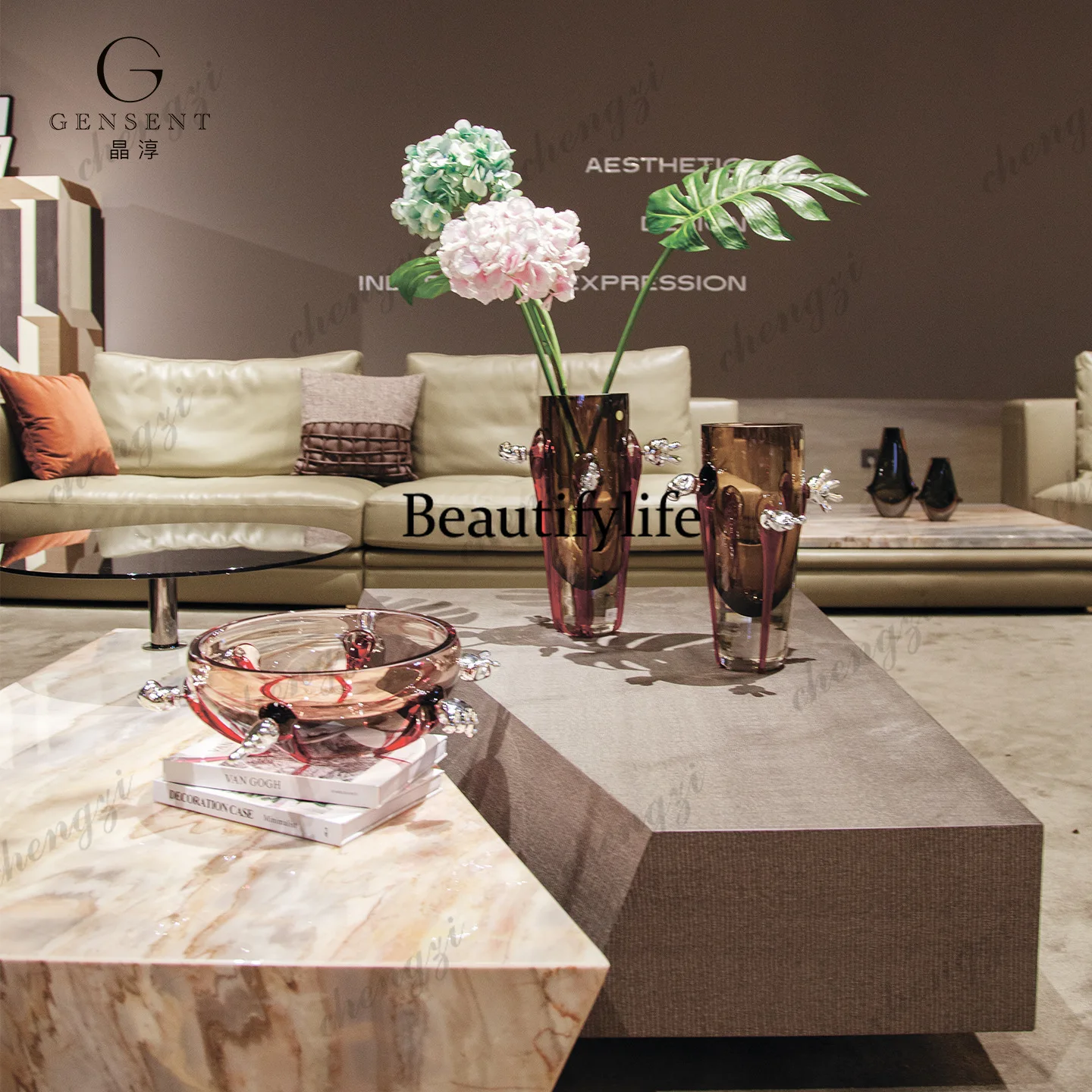 Modern light luxury neoclassical large glazed advanced flower arrangement hydroponic model room hotel entrance living room