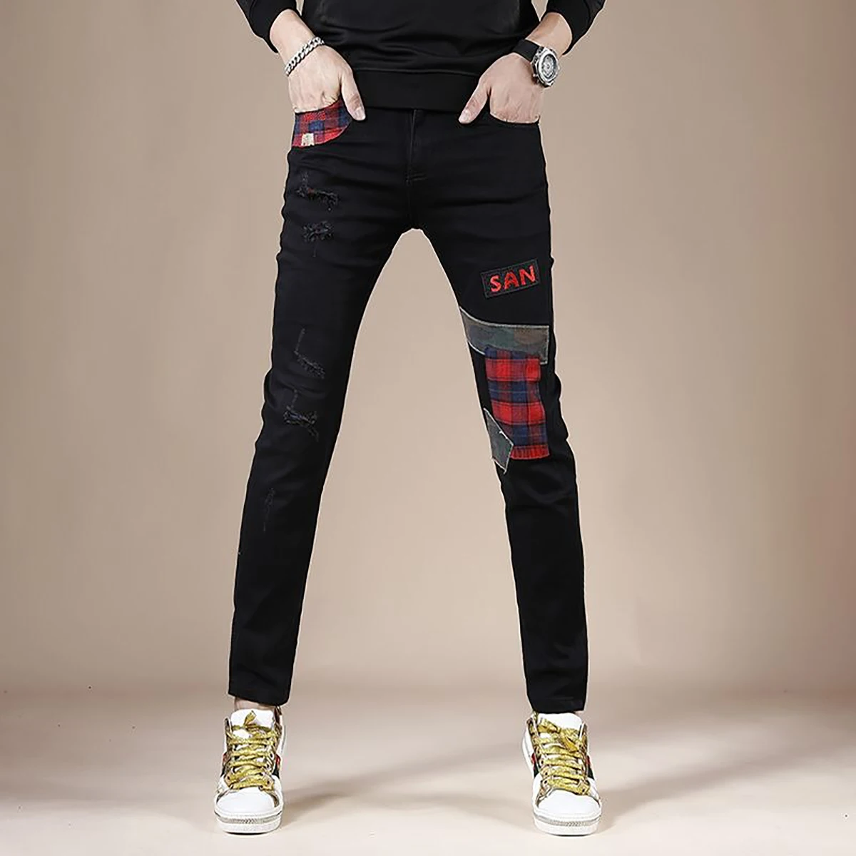 

Light Luxury Men’s Slim-fit Noble Black Denim Pants,Color Patches Decors Trendy Casual Pants, Stylish Sexy Street Jeans Pants;