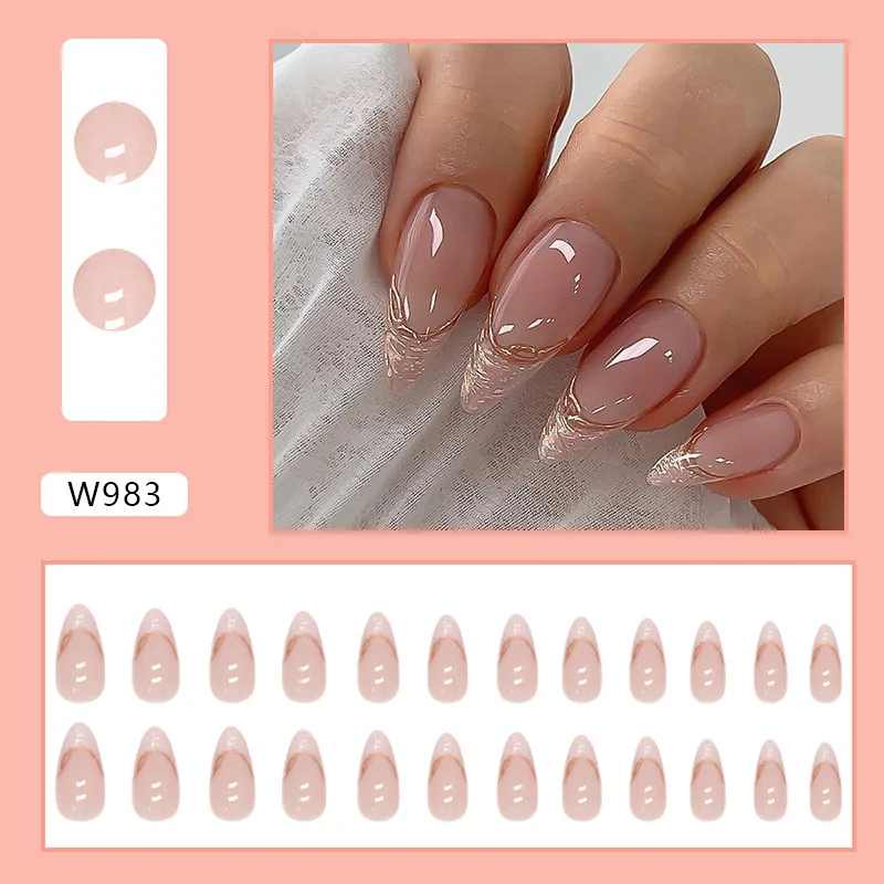 

24pcs Pink French Press-On Nails - Irregular Pearl Gold Tips Long Almond Shape (Multi Sizes) False Nails With Wearing Tools