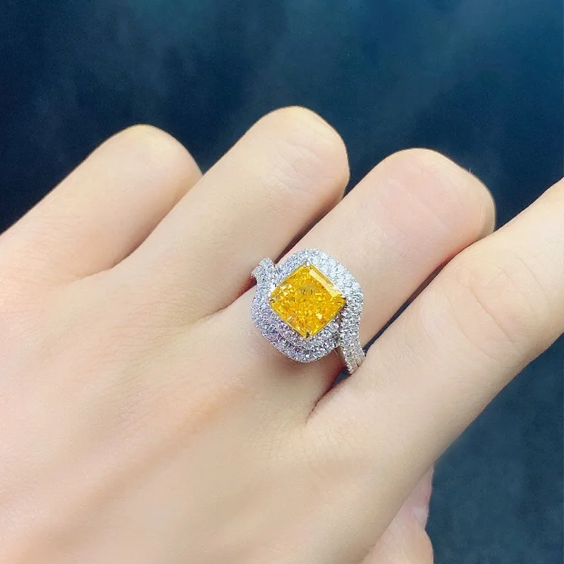 Geometric Yellow Zircon Princess Square New Full-Diamond Attractive Ladies 925 Sterling Silver Engagement Ring - Premium Jewelry