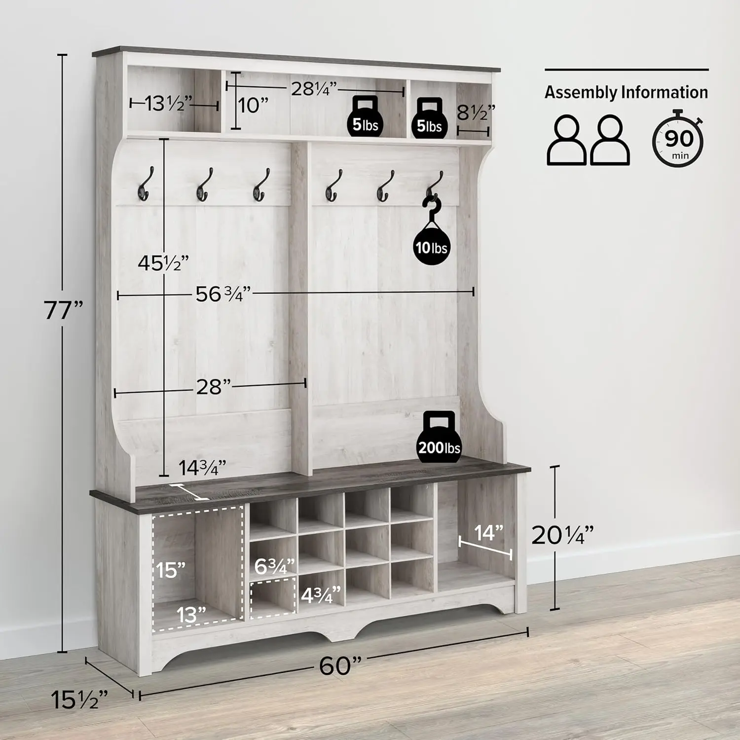 Hallway Storage Cabinet with Shoe Cubbies and Coat Hooks,  Washed White