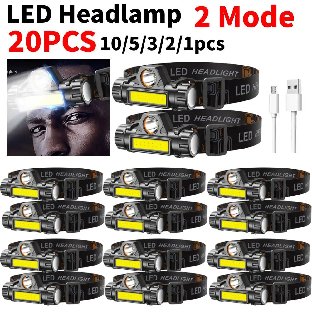 

1-20Pcs LED Headlamp Portable Magnetic Headlamp USB Rechargeable XPE COB Beads Waterproof Head Torch Camping Fishing Lantern