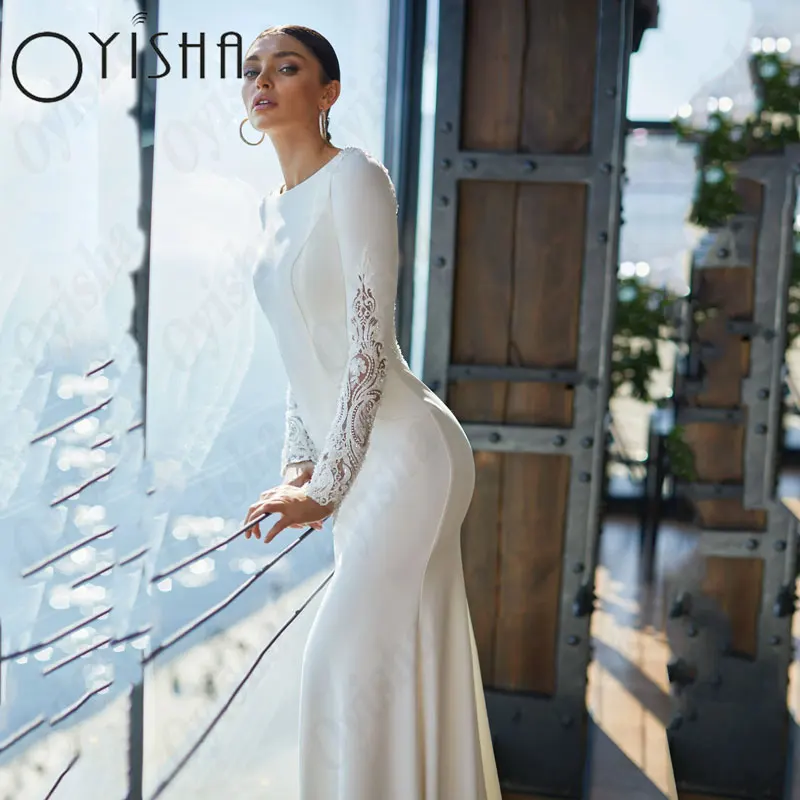 OYISHA Scoop Lange Mouwen Trouwjurken Elegant Satijn Zeemeermin Kanten Bruidsjurken Voor Vrouw Appliques Eenvoudige Vestido De MariagesOYISHA Scoop Lange Mouwen Bruidsjurken Elegante Satijn Zeemeermin Kant Bruidsjurken