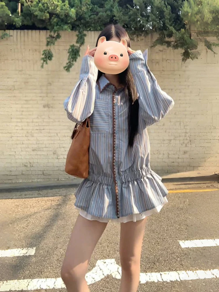 

Новая модная женская блузка в корейском стиле с полосками, отложным воротником, уникальным красивым дизайном, длинными рукавами, повседневная, свободного кроя, для офиса и на каждый день.