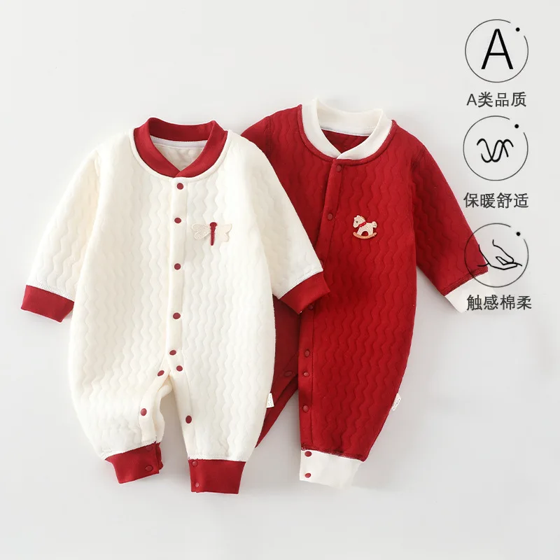 Somenie Red New Year Baby Romper Thick Padded Thermal Cotton Crawling Onesie Autumn Winter Festive Outfit