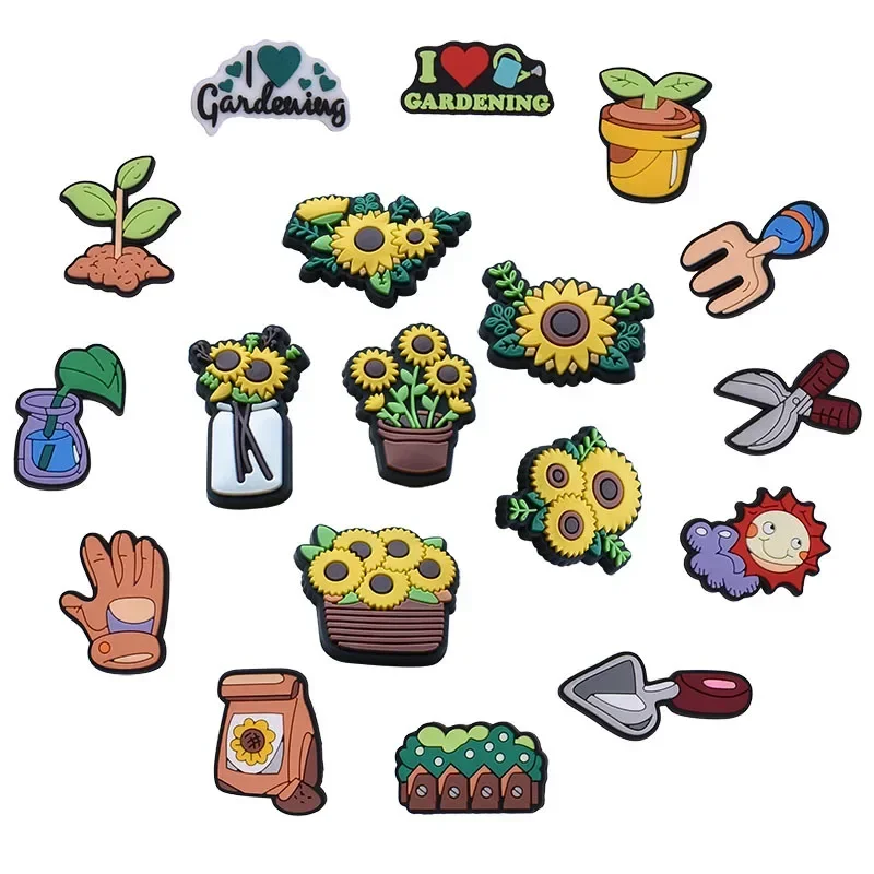 PVC tournesol outils de jardin chaussure boucle breloques accessoires décorations pour sandales sneaker sabot personnalisé homme enfants cadeau broche