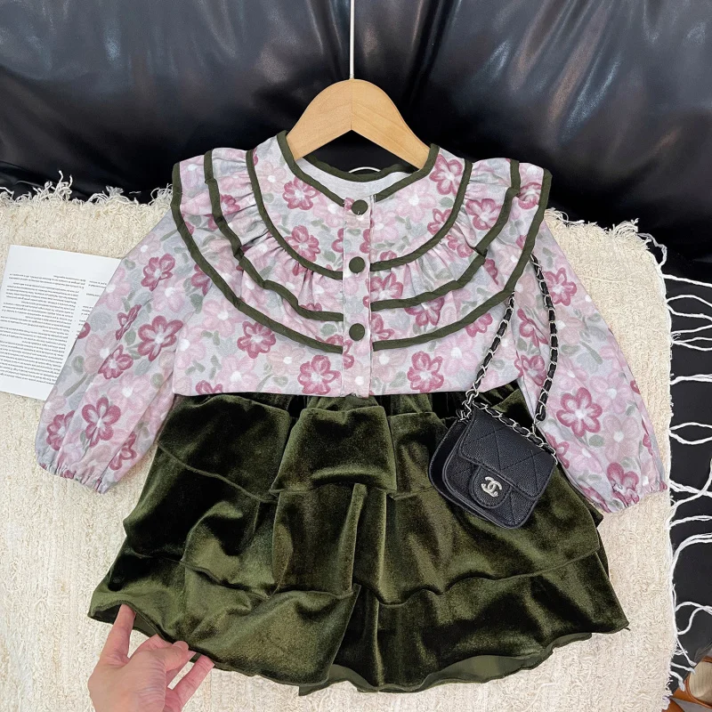 

2024Spring Elegant Lapel Girl Puff Sleeve Shirt Suit Retro Girl Tiered Skirt Two-Piece Suit Fashion