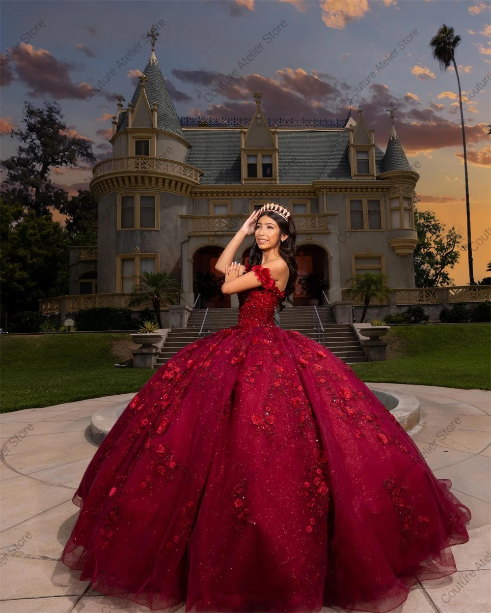 فساتين Quinceanera مطرزة بالزهور ثلاثية الأبعاد باللون العنابي، ثوب حفلة مكسيك مزين بالدانتيل، 15 فستان تخرج الأميرة مخصص