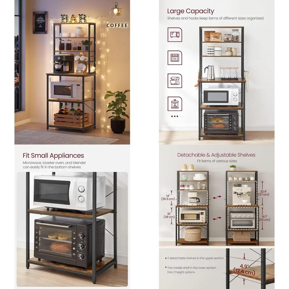 

6-Tier Industrial-Style Kitchen Rack with Storage and Hooks, 23.6 VASAGLE Coffee Bar, Rustic Brown & Ink Black UKKS024B01