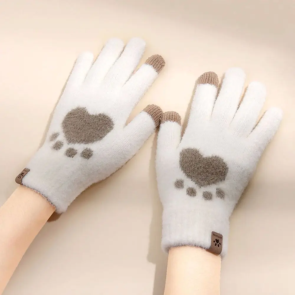 

Thick Warm Women Plus Velvet Cat Paw Elastic Wool Mittens Female Gloves Driving Gloves Touch Screen Gloves
